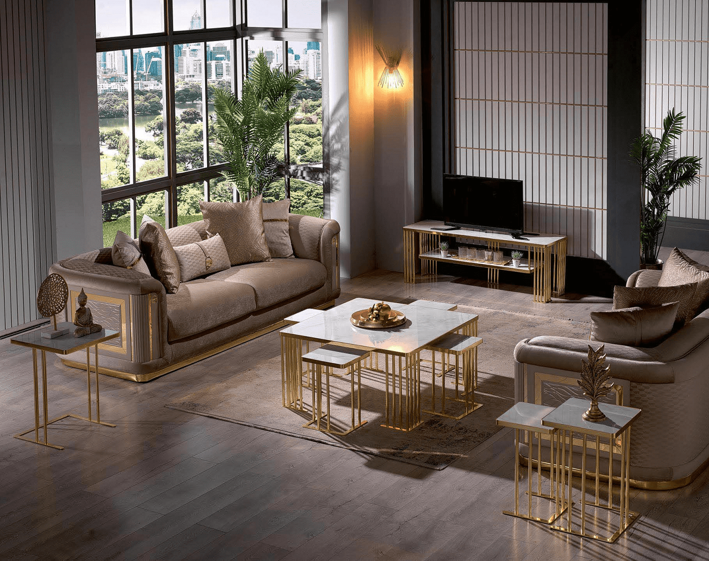 Couchtisch-Set 4+1 gefertigt aus Edelstahl und Hochglanzholz