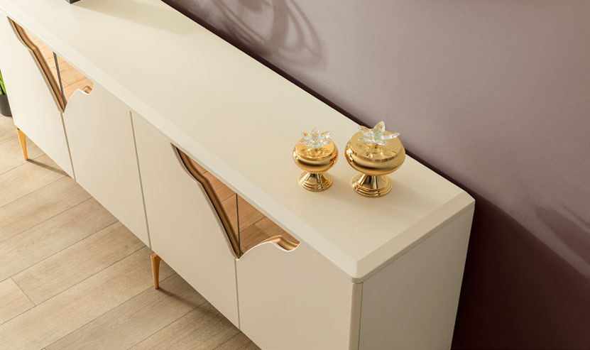 Via Esszimmer, luxuriös, Rose-Goldene (auch silberne) Details, , auch Couchtisch und TV-Schrank