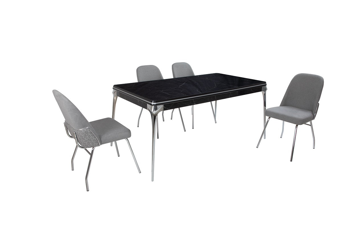 Latschin Esstisch viereckig; Chrombeine und Holzplatte in Schwarzmarmorfarbe