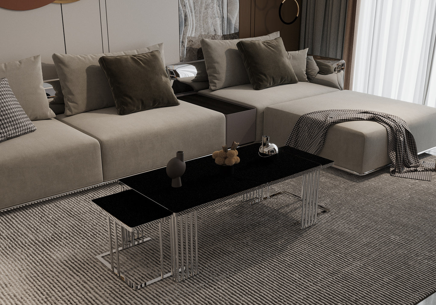 Rechteckiger Couchtisch-Set 2+1 gefertigt aus Edelstahl und Hochglanz-Holz