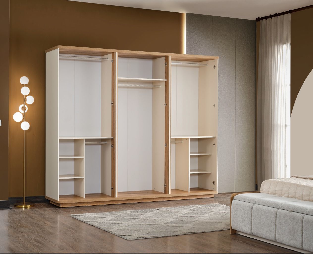 Melodie Schlafzimmer-Set; Bett; Schrank; Nachttische; Holz-Details; ; Elfbeinweiß & Eiche