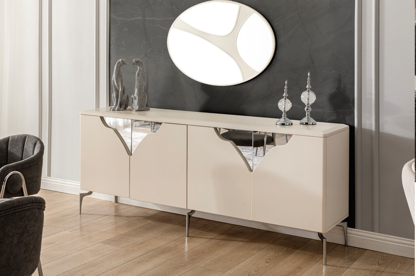 Via Esszimmer, luxuriös, Rose-Goldene (auch silberne) Details, , auch Couchtisch und TV-Schrank