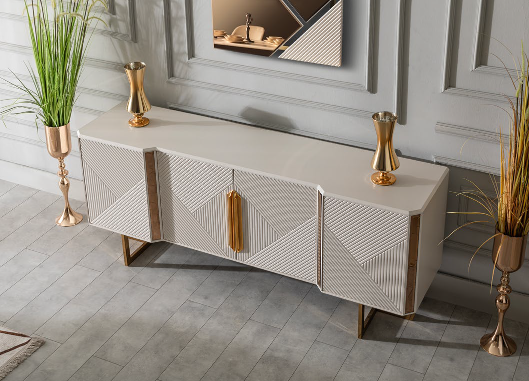Tetra Esszimmer, luxuriös, goldene Details, auch Couchtisch und TV-Schrank