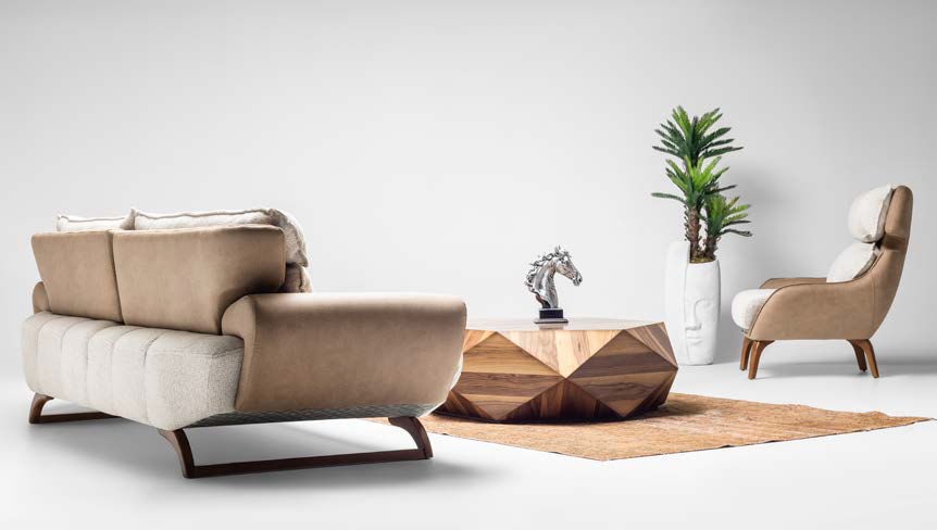 Leon-Sofagarnitur; edle Qualität und Eleganz durch Holzdetails; Naturbelassen