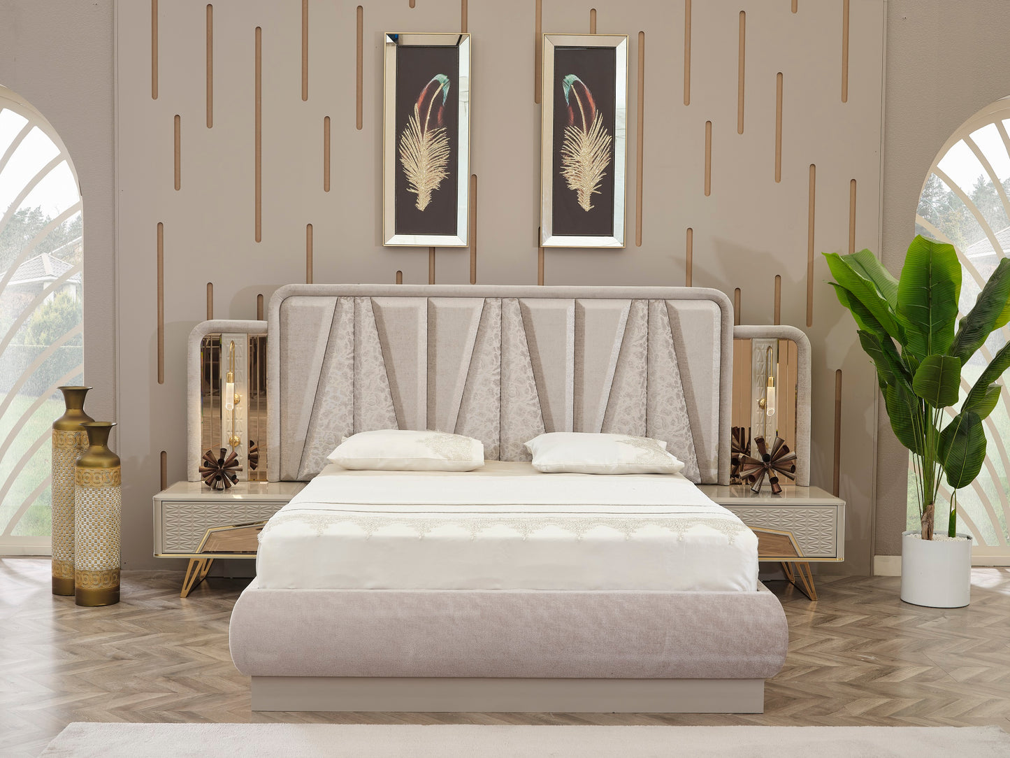 Milano Maxi Schlafzimmer-Set; Bett; Schrank; Nachttische; Goldene Details; Hochglanz; Elfbeinweiß