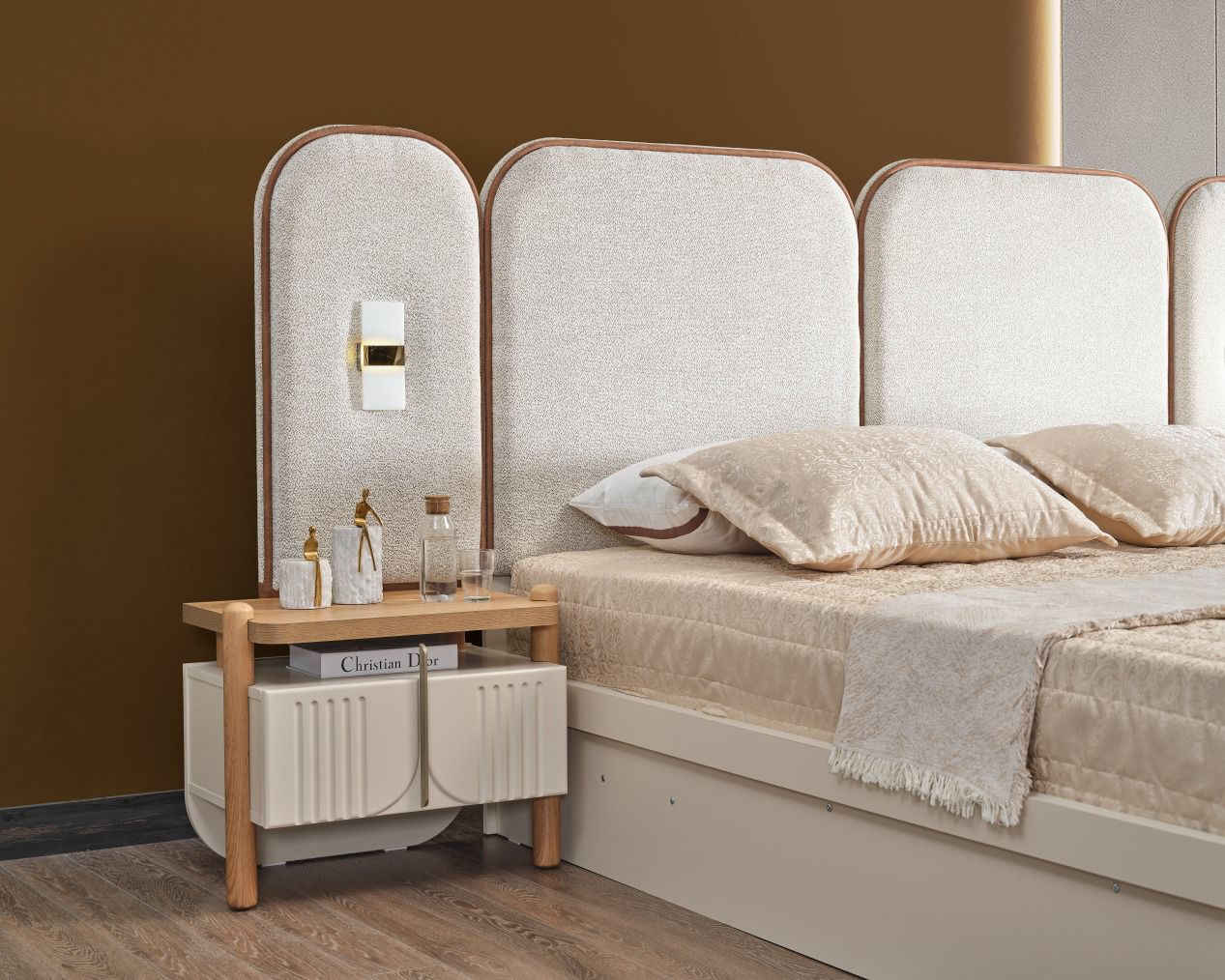 Melodie Schlafzimmer-Set; Bett; Schrank; Nachttische; Holz-Details; ; Elfbeinweiß & Eiche