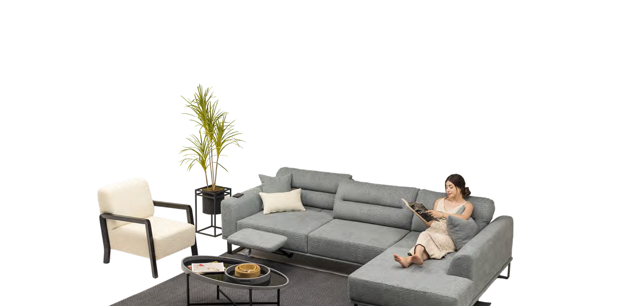 Alacati-Ecksofa; modern, elegant und hochwertig, Metallbeine, verstellbarer Rücken, Relaxfunktion für Beine mit USB