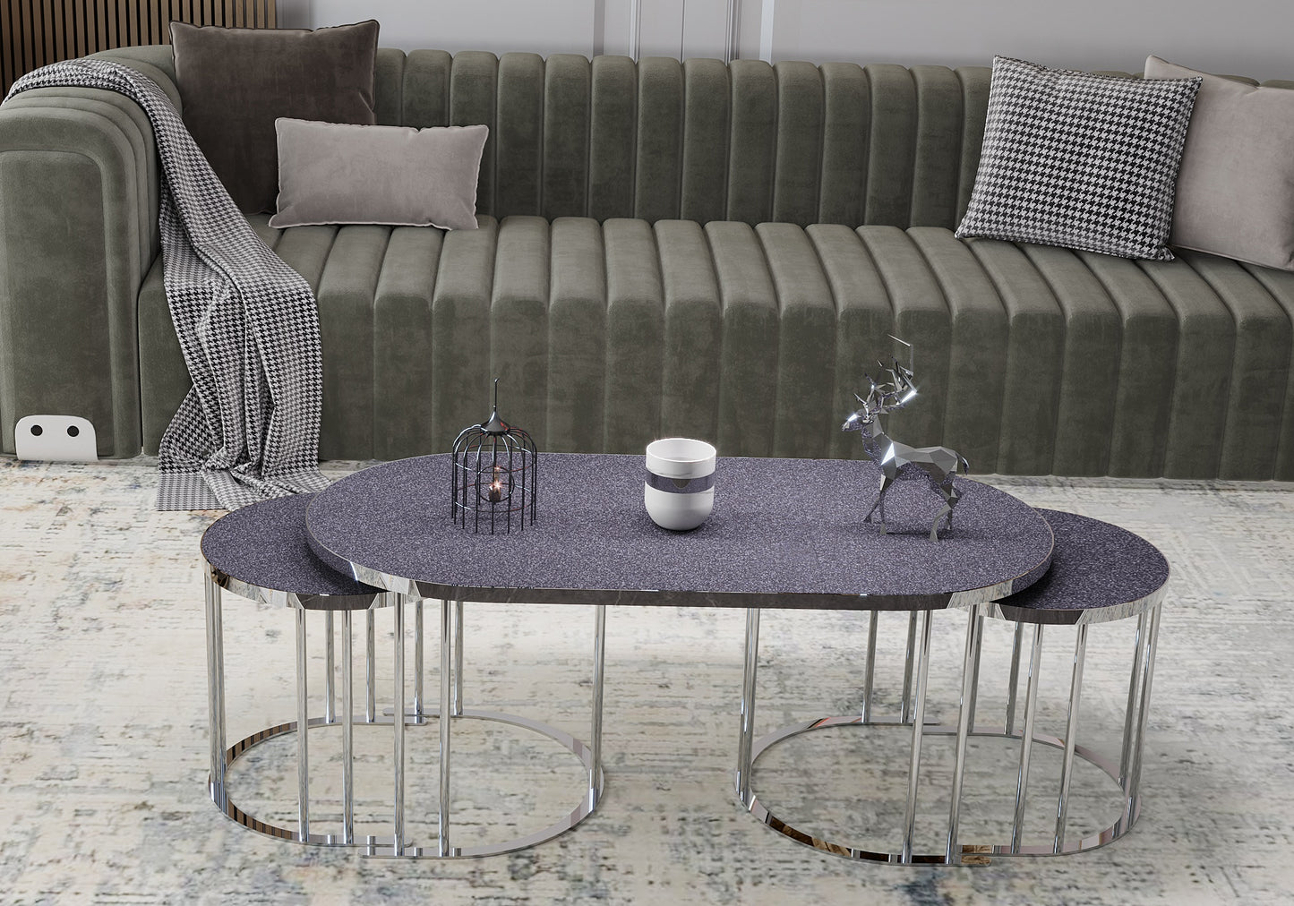 Couchtisch-Set in ovaler Form; Ein großer Tisch mit 2 Beistelltischen