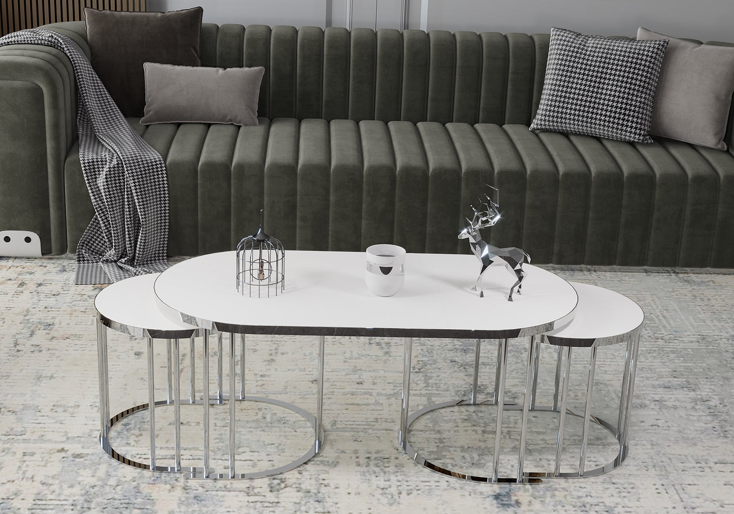 Couchtisch-Set in ovaler Form; Ein großer Tisch mit 2 Beistelltischen