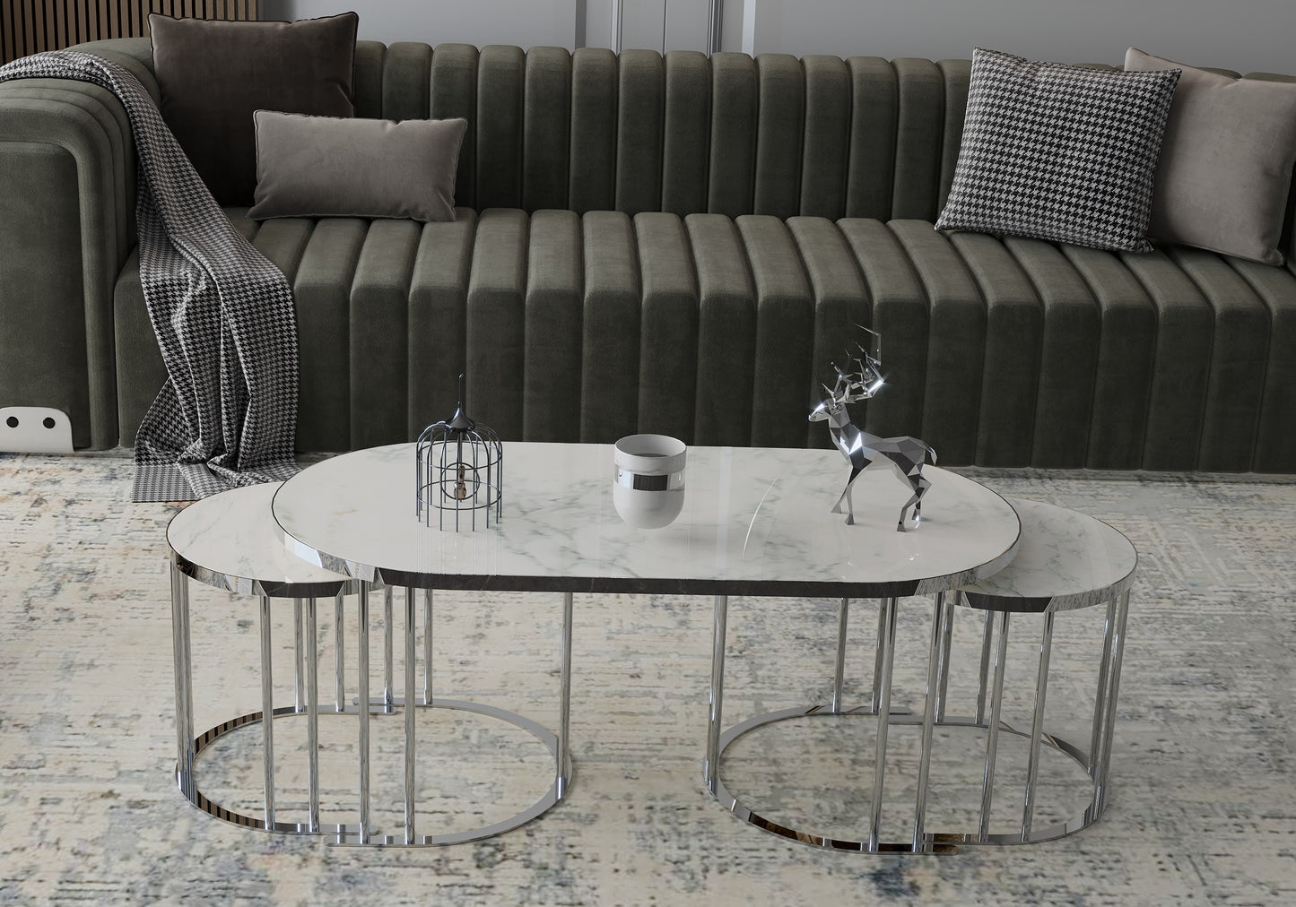 Couchtisch-Set in ovaler Form; Ein großer Tisch mit 2 Beistelltischen