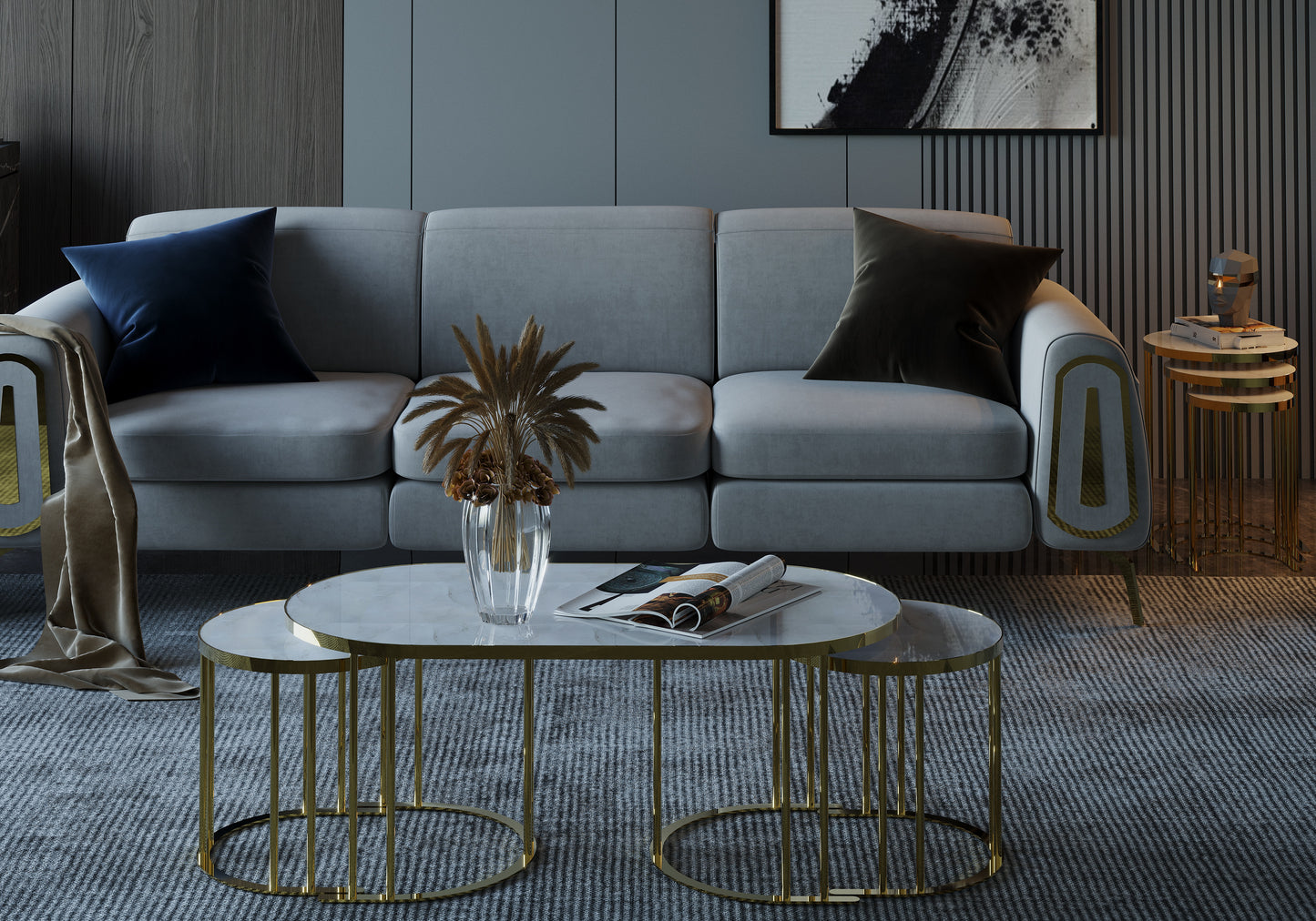 Couchtisch-Set in ovaler Form; Ein großer Tisch mit 2 Beistelltischen