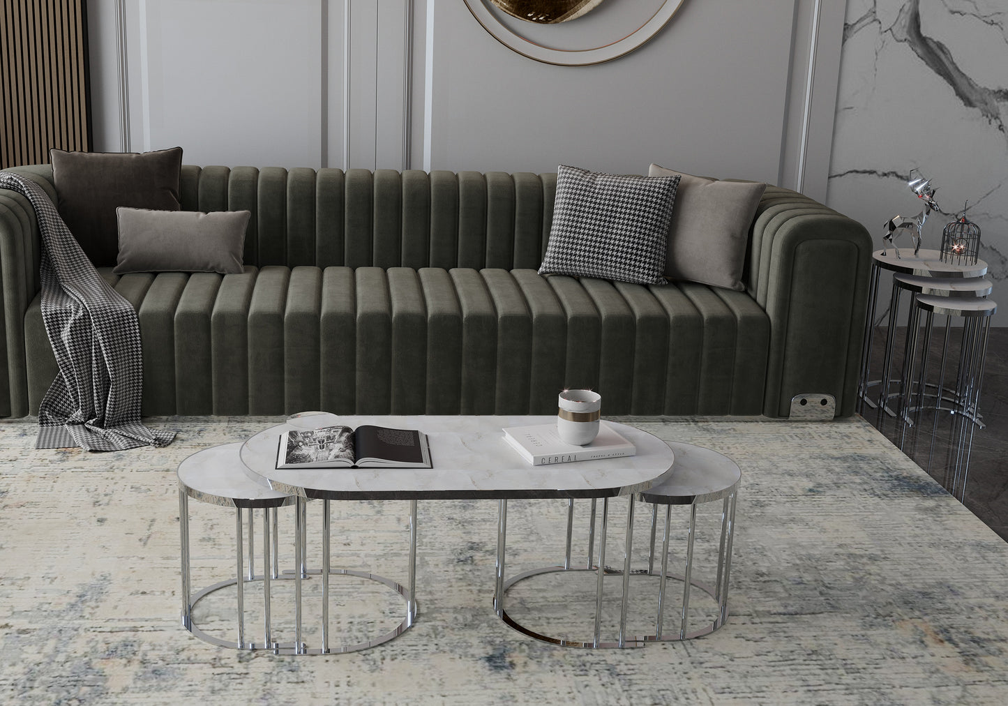 Couchtisch-Set in ovaler Form; Ein großer Tisch mit 2 Beistelltischen