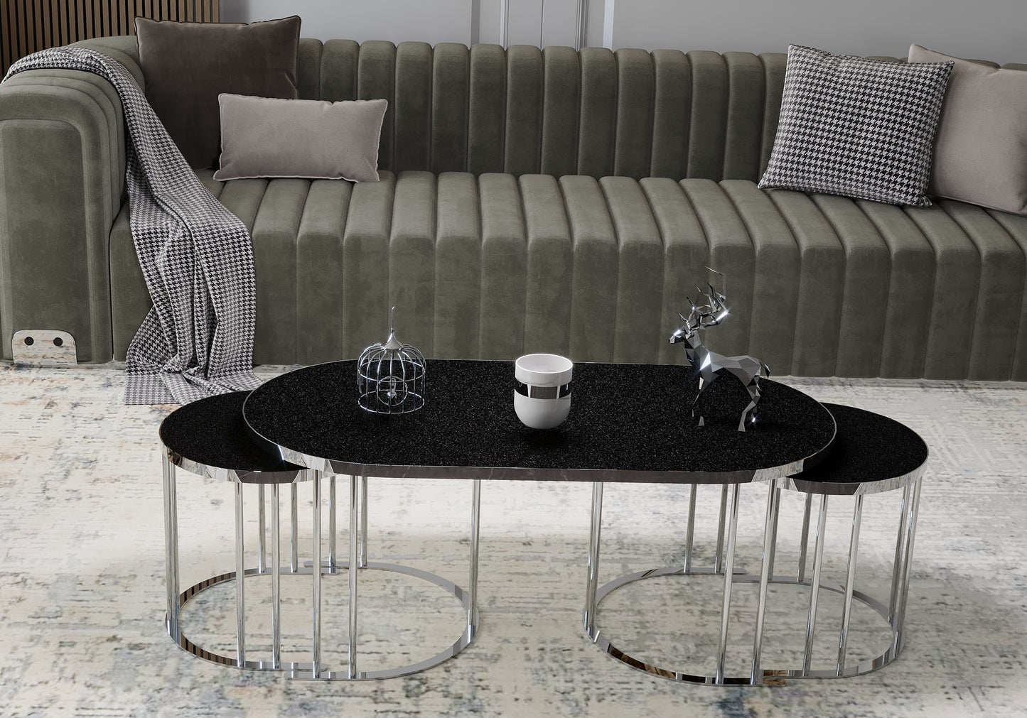 Couchtisch-Set in ovaler Form; Ein großer Tisch mit 2 Beistelltischen