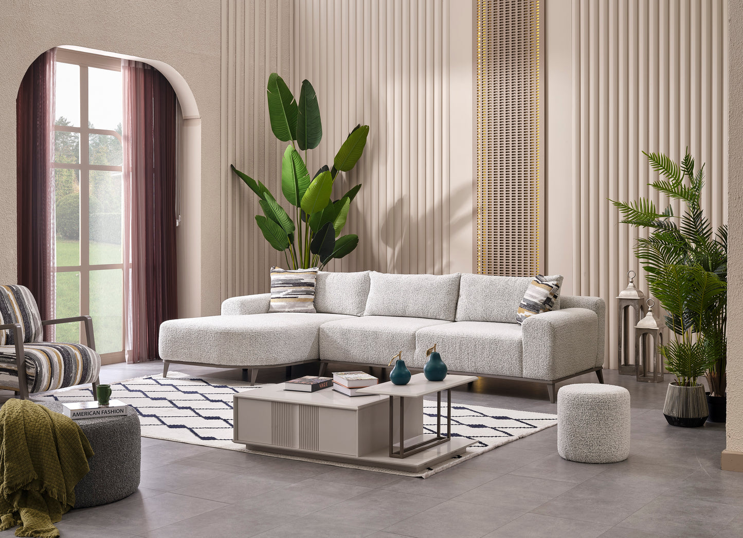 Cenova-Sofagarnitur; edle Kombination zwischen Holz und Metall in modernem Stil