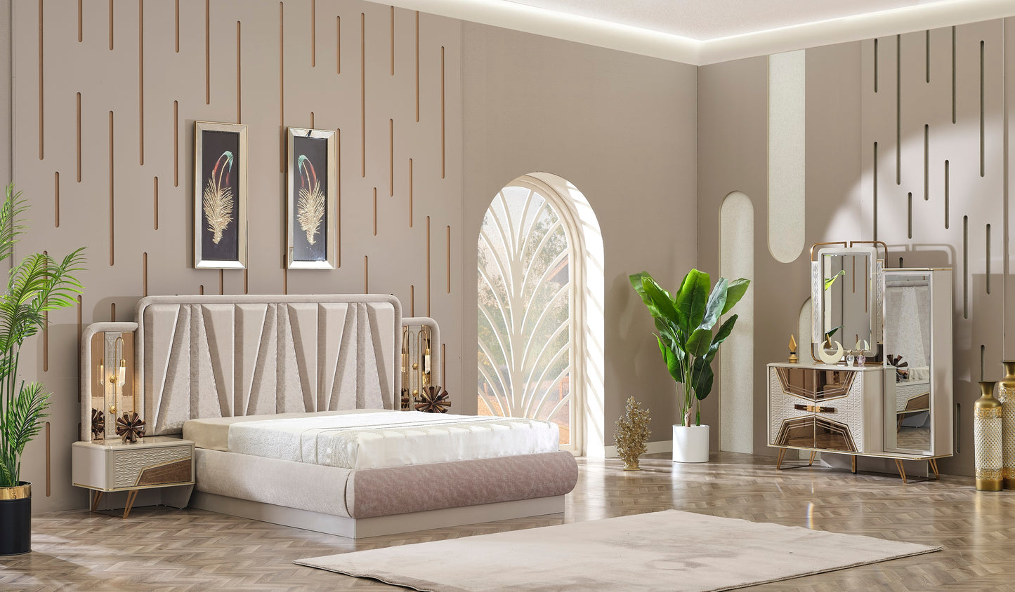 Milano Maxi Schlafzimmer-Set; Bett; Schrank; Nachttische; Goldene Details; Hochglanz; Elfbeinweiß