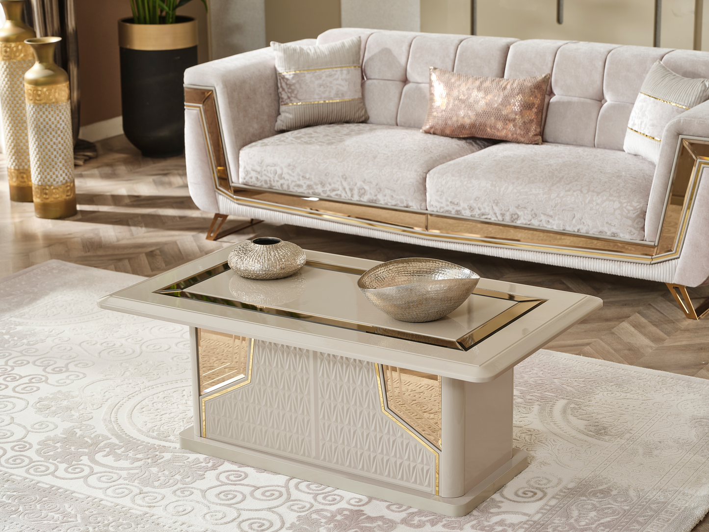 Milano Esszimmer, luxuriös, klassisch, Hochglanz, Gold , auch Couchtisch und TV-Schrank