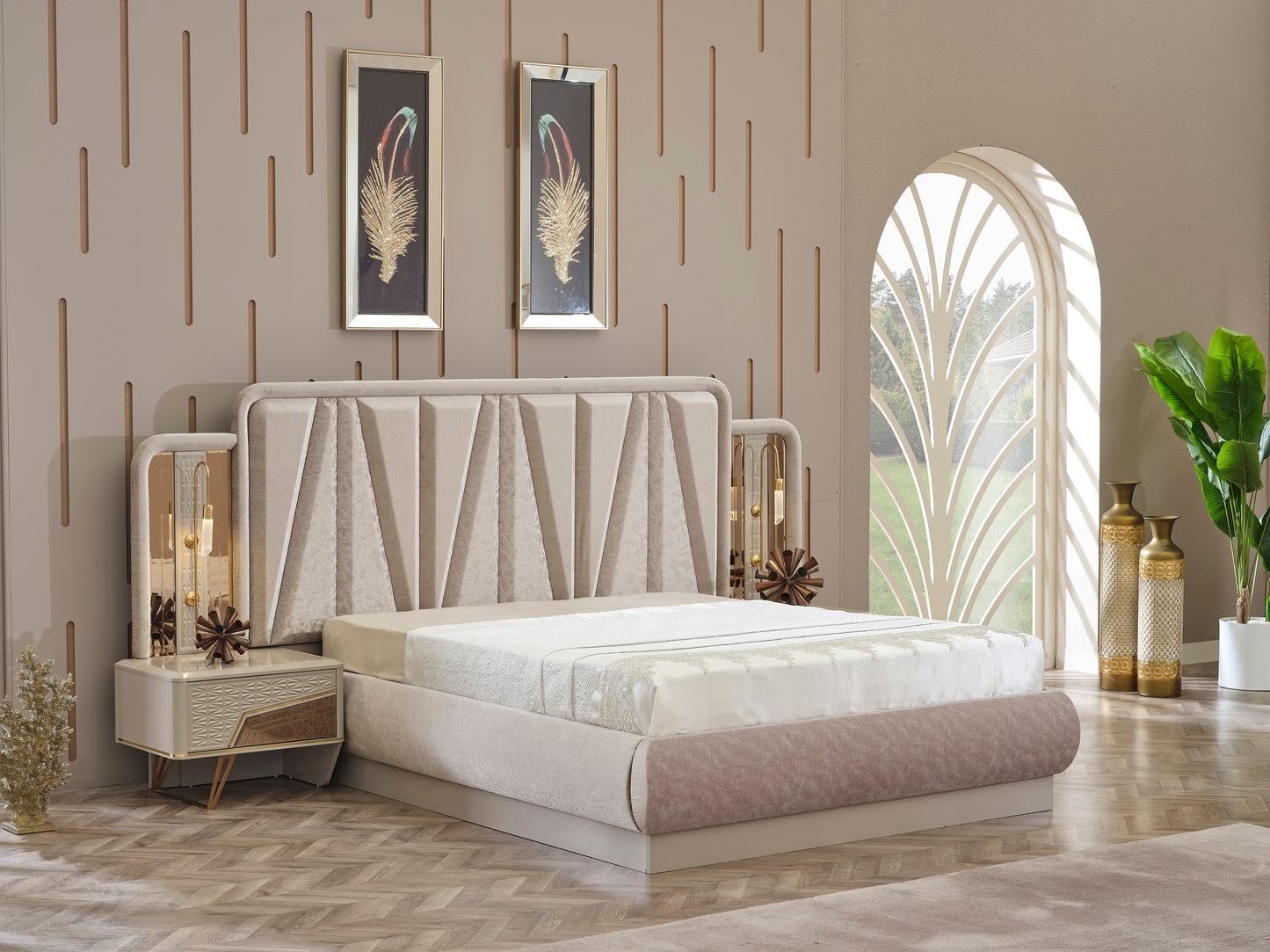 Milano Maxi Schlafzimmer-Set; Bett; Schrank; Nachttische; Goldene Details; Hochglanz; Elfbeinweiß