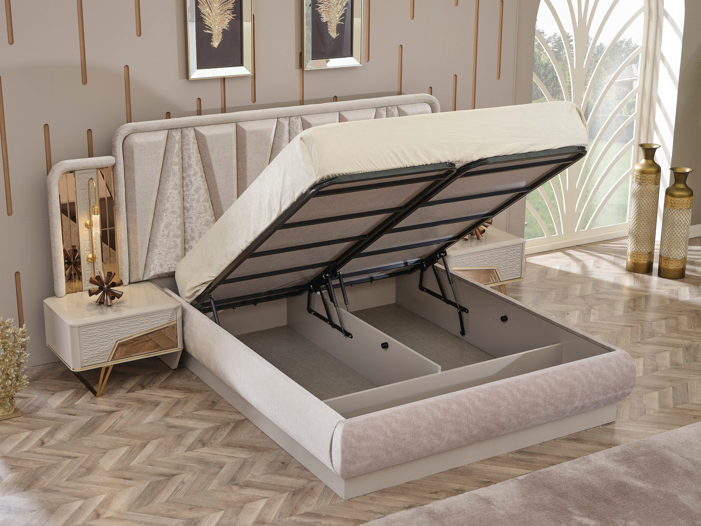 Milano Maxi Schlafzimmer-Set; Bett; Schrank; Nachttische; Goldene Details; Hochglanz; Elfbeinweiß