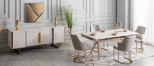 Tetra Esszimmer, luxuriös, goldene Details, auch Couchtisch und TV-Schrank