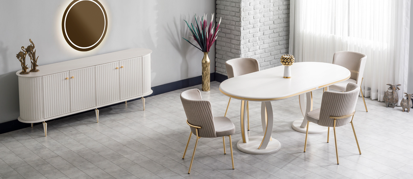 Madrid Esszimmer, luxuriös, goldene Details, ovaler Esstisch in geschwungenen Linien,  auch Couchtisch und TV-Schrank