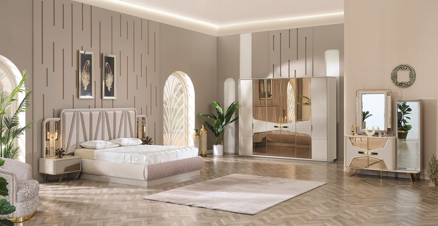 Milano Maxi Schlafzimmer-Set; Bett; Schrank; Nachttische; Goldene Details; Hochglanz; Elfbeinweiß