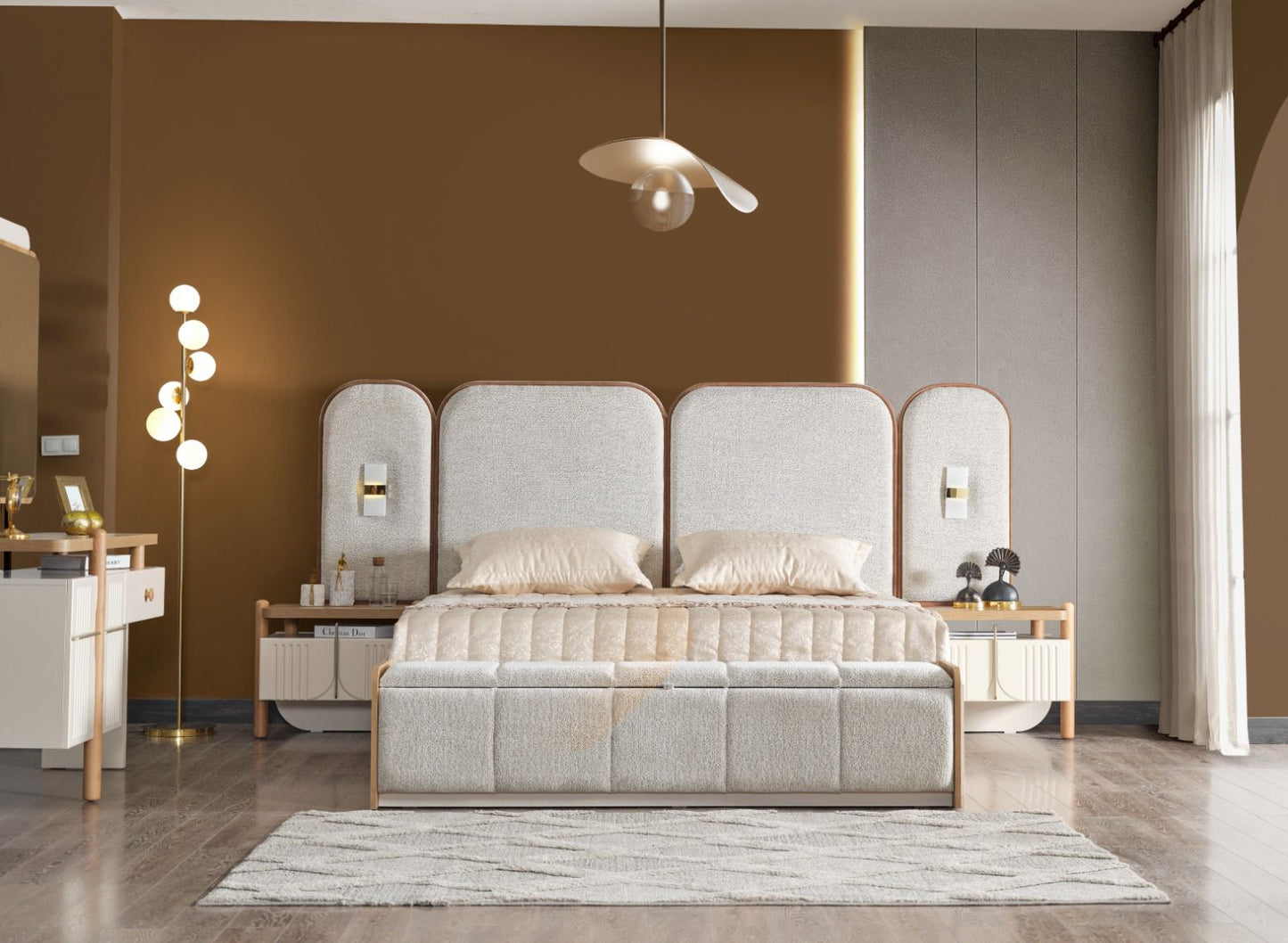 Melodie Schlafzimmer-Set; Bett; Schrank; Nachttische; Holz-Details; ; Elfbeinweiß & Eiche