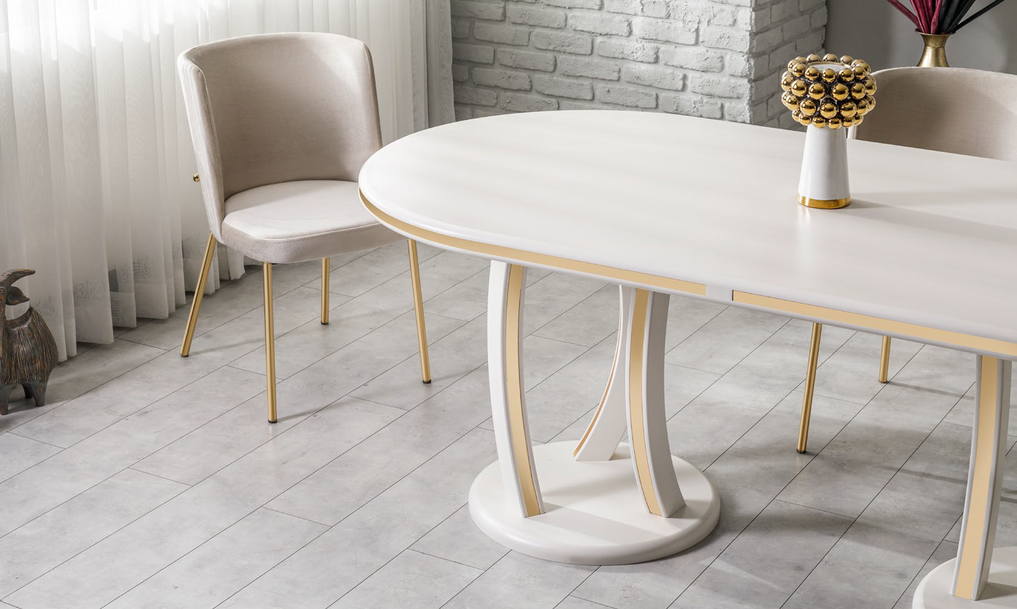 Madrid Esszimmer, luxuriös, goldene Details, ovaler Esstisch in geschwungenen Linien,  auch Couchtisch und TV-Schrank