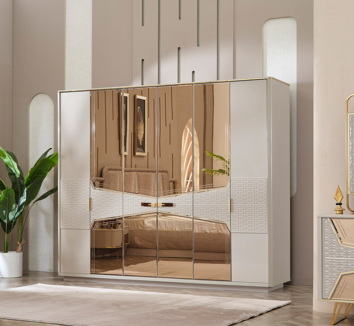 Milano Maxi Schlafzimmer-Set; Bett; Schrank; Nachttische; Goldene Details; Hochglanz; Elfbeinweiß