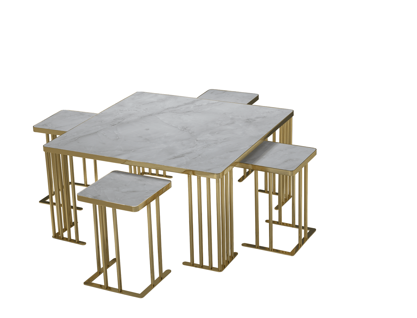 Couchtisch-Set 4+1 gefertigt aus Edelstahl und Hochglanzholz