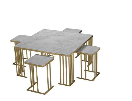 Couchtisch-Set 4+1 gefertigt aus Edelstahl und Hochglanzholz
