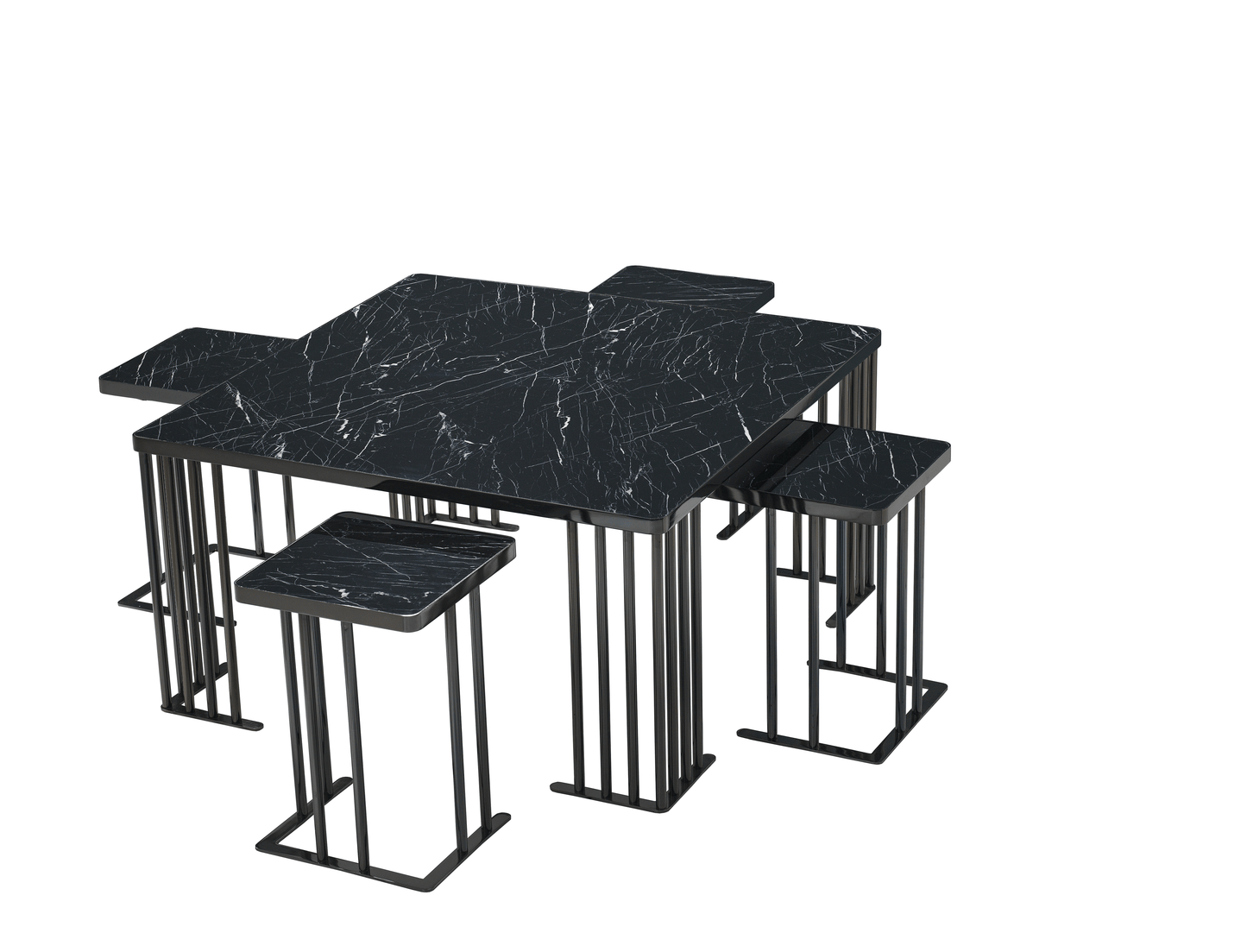 Couchtisch-Set 4+1 gefertigt aus Edelstahl und Hochglanzholz