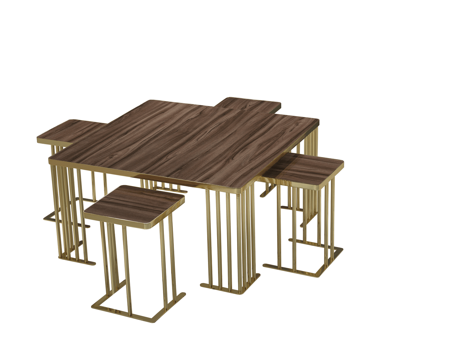 Couchtisch-Set 4+1 gefertigt aus Edelstahl und Hochglanzholz