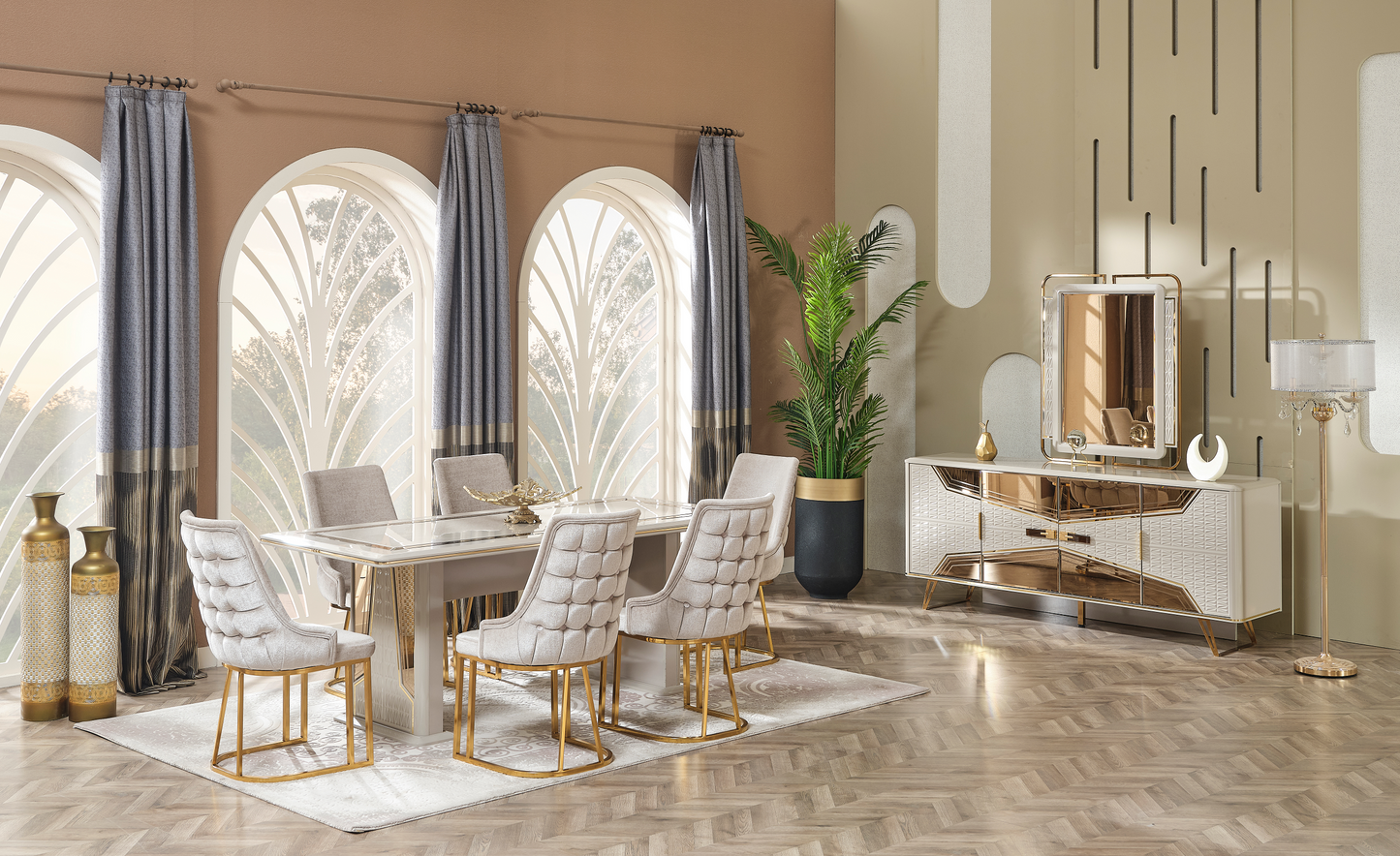 Milano Esszimmer, luxuriös, klassisch, Hochglanz, Gold , auch Couchtisch und TV-Schrank