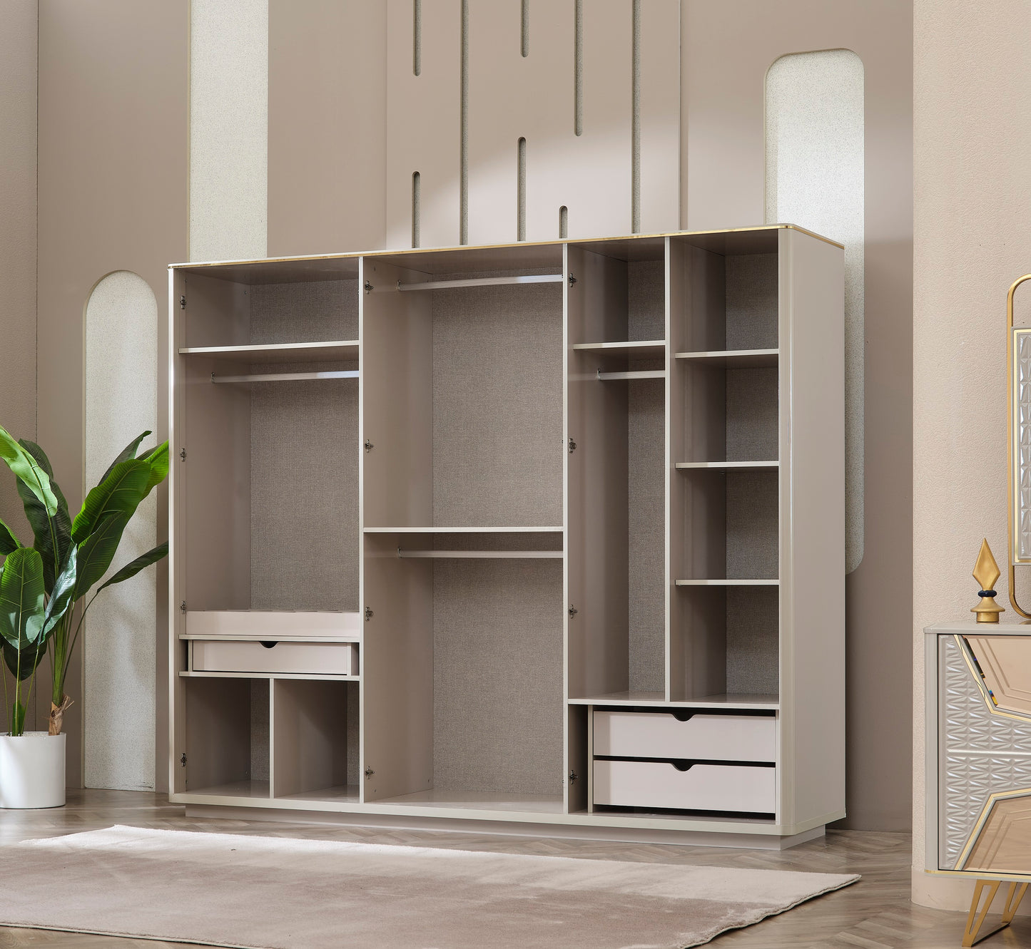 Milano Maxi Schlafzimmer-Set; Bett; Schrank; Nachttische; Goldene Details; Hochglanz; Elfbeinweiß