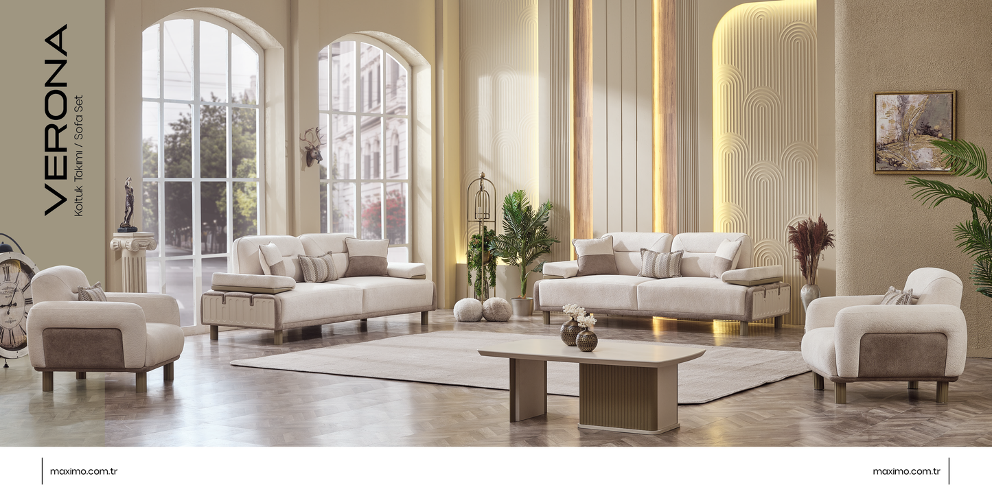 Verona-Sofagarnitur; modern, Schlicht, Beine aus Massivholz, verstellbarer Rücken, Armfunktion