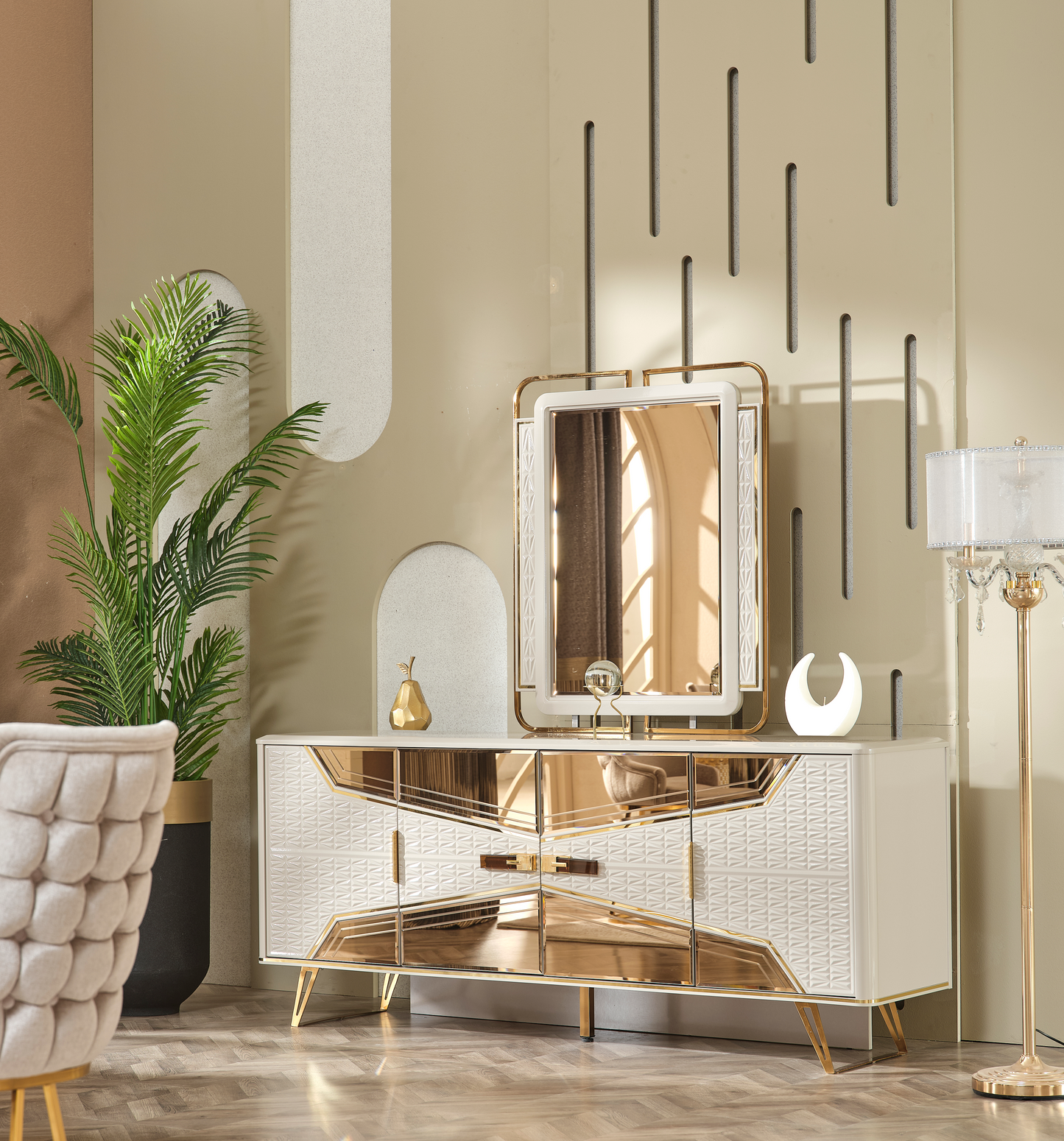 Milano Esszimmer, luxuriös, klassisch, Hochglanz, Gold , auch Couchtisch und TV-Schrank