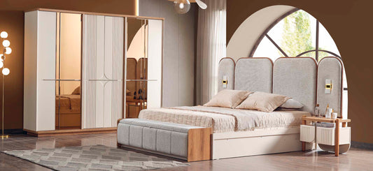 Melodie Schlafzimmer-Set; Bett; Schrank; Nachttische; Holz-Details; ; Elfbeinweiß & Eiche