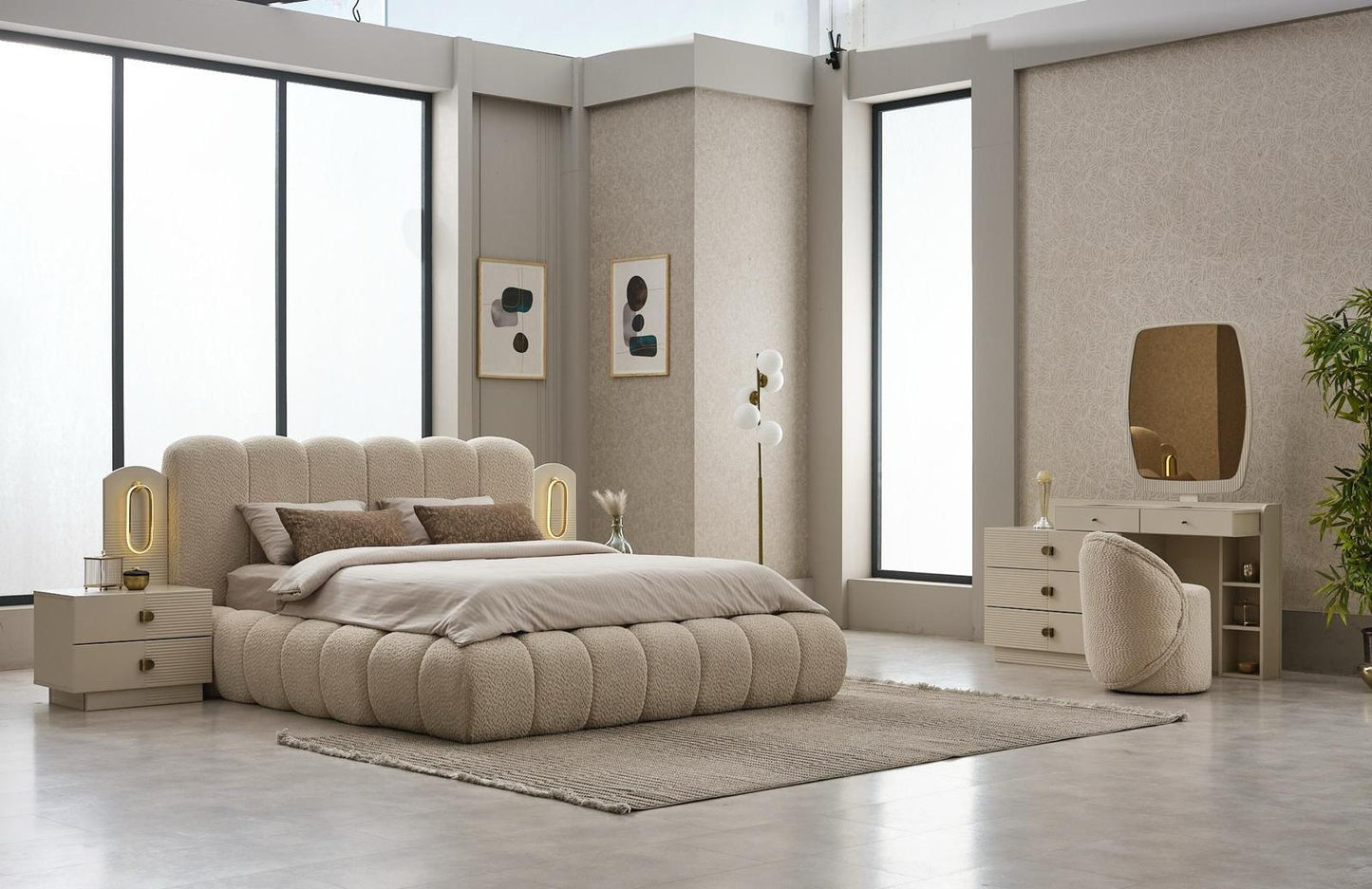 Alya Schlafzimmer-Set; Bett; Schrank; Nachttische; modern Details; Bubblebett ; Weiß