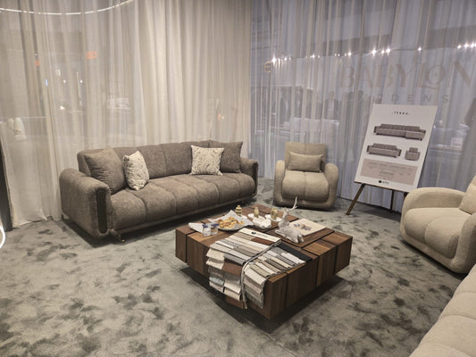 Terra-Sofagarnitur; modern, Holzfüße, Muscheloptik, Edelstahlbeine