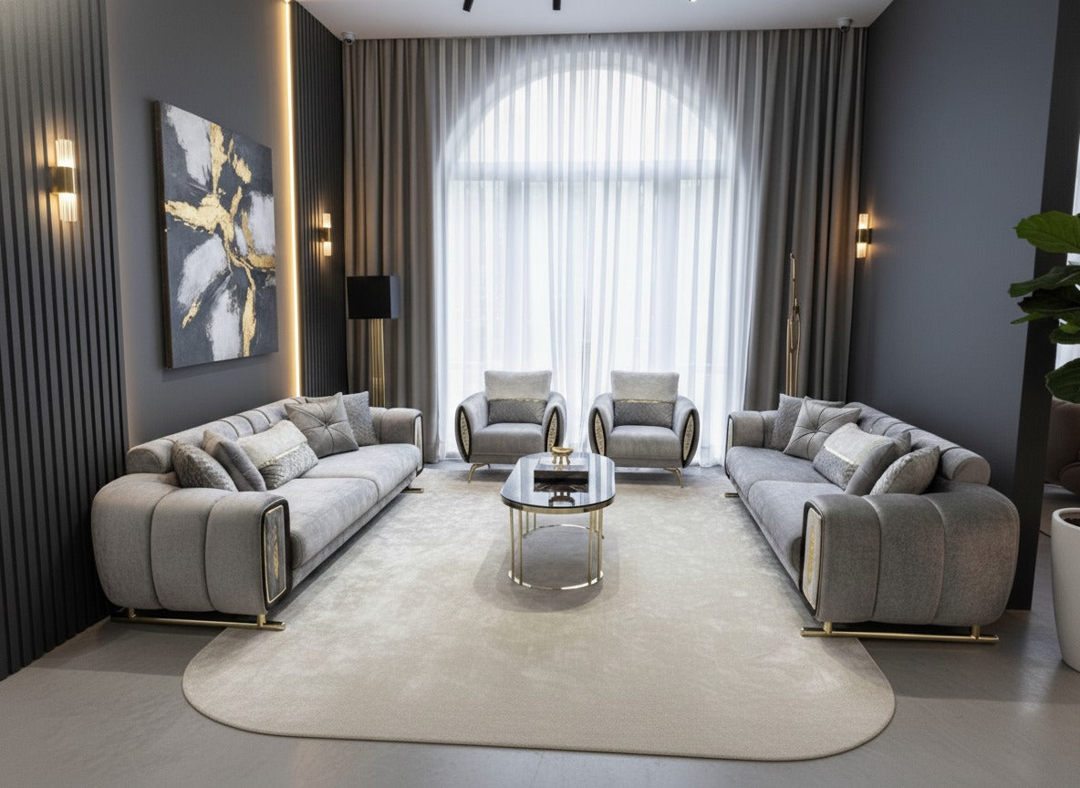 Dante-Sofagarnitur; klassisch, goldene Füße, verstellbarer Rücken, Front Accessoire
