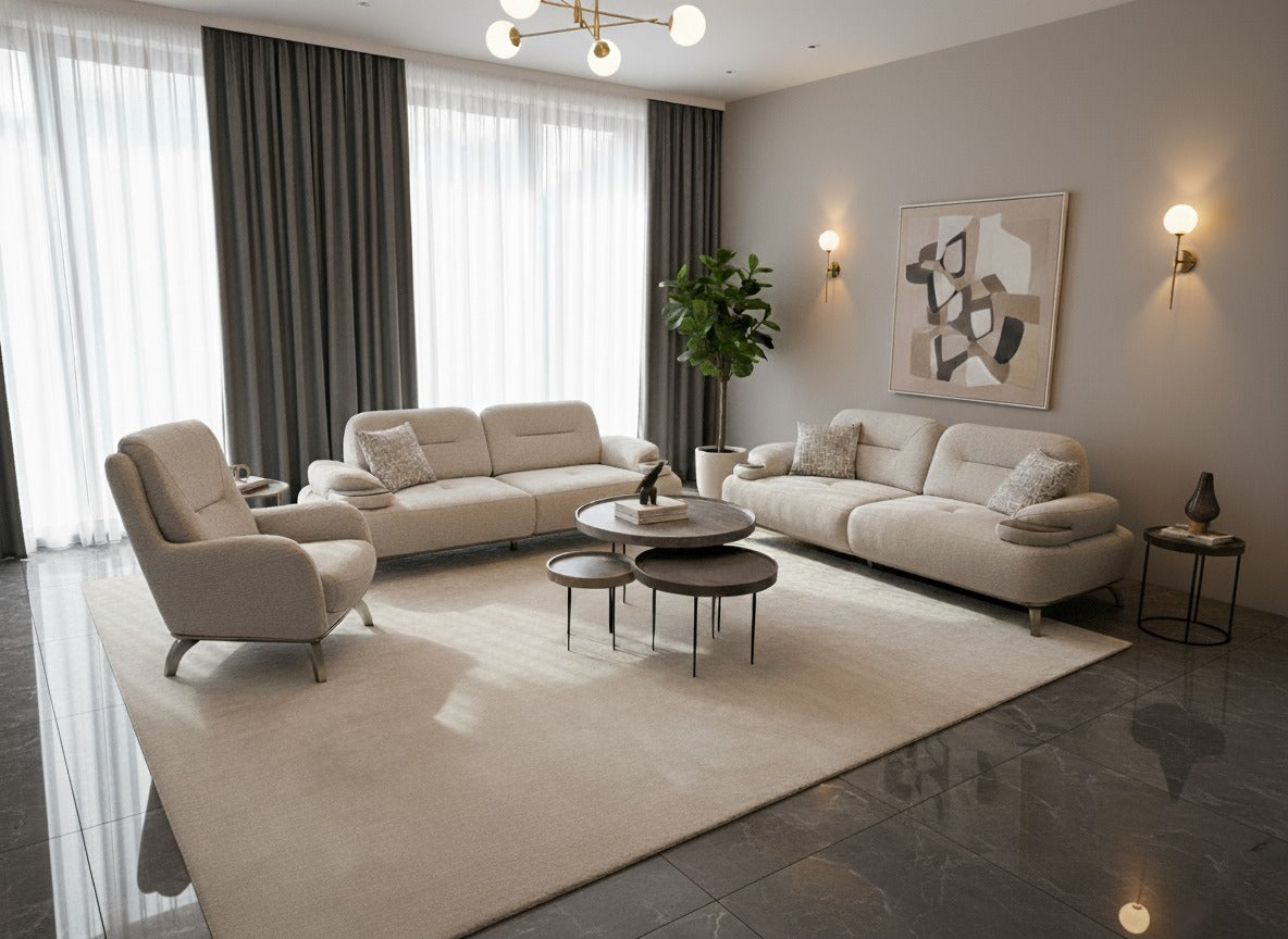 Plato-Sofagarnitur; modern, Holzfüße, verstellbarer Rücken, integrierte Tischplatte