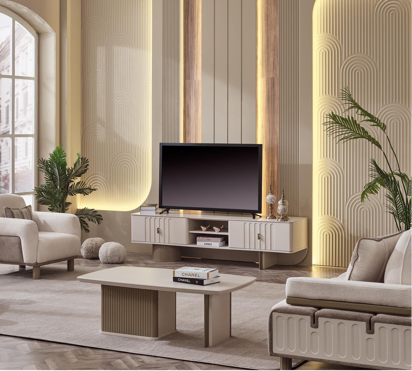 Verona Esszimmer, luxuriös, modern, Weiß-Grau, ,  auch Couchtisch und TV-Schrank