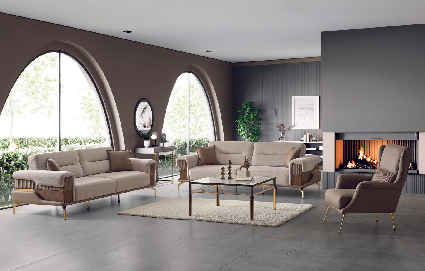 Jival-Sofagarnitur; edle Kombination zwischen Holz und Metall in modernem Stil