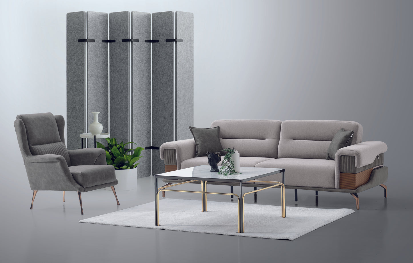 Jival-Sofagarnitur; edle Kombination zwischen Holz und Metall in modernem Stil