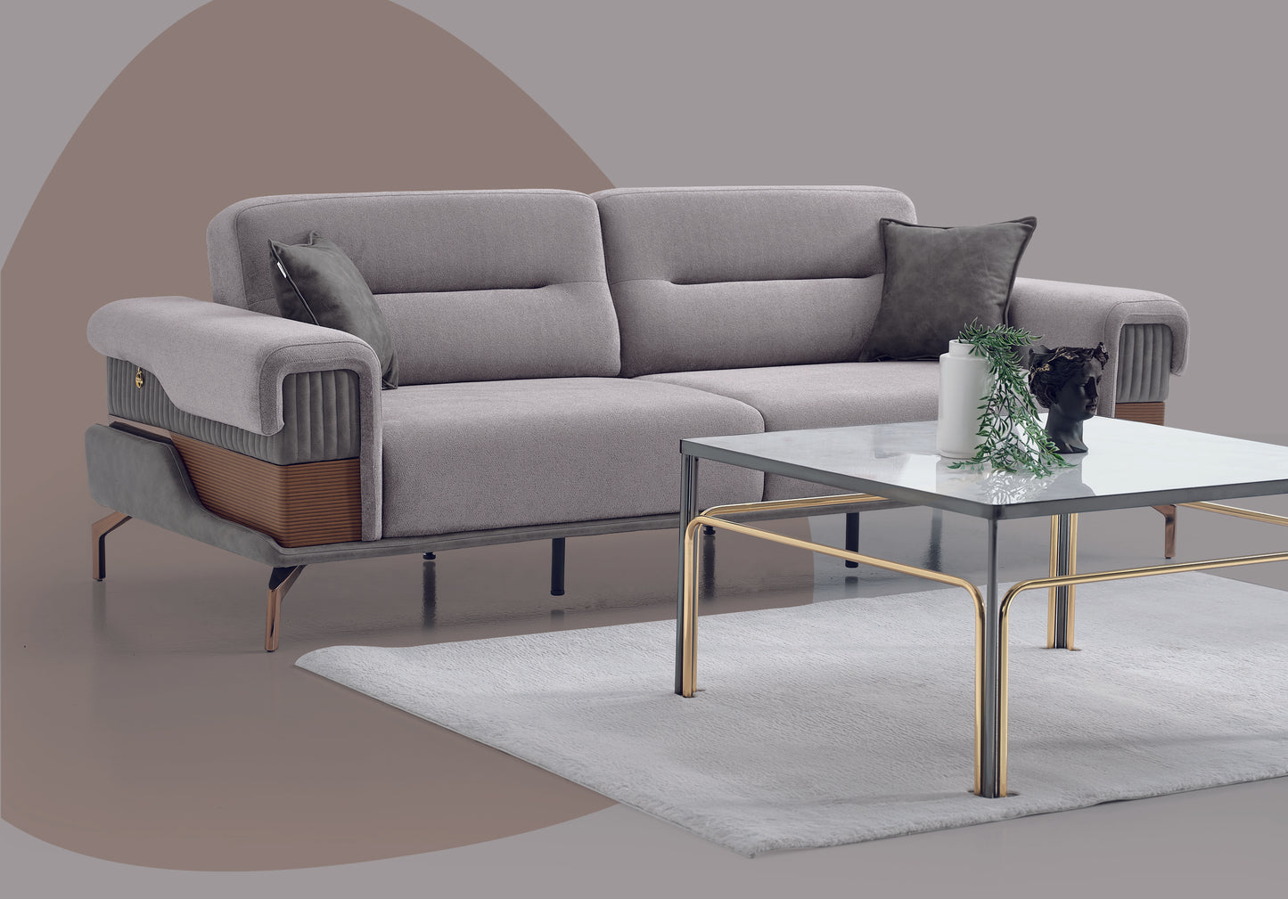Jival-Sofagarnitur; edle Kombination zwischen Holz und Metall in modernem Stil