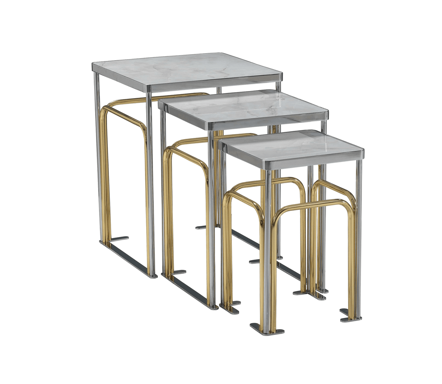 Ein 3er-Beistelltisch-Set aus Edelstahl in attraktivem Design